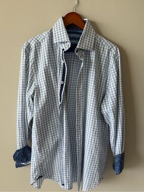 Michelsons Medium Men's White & Blue Windowpane Dress Shirt